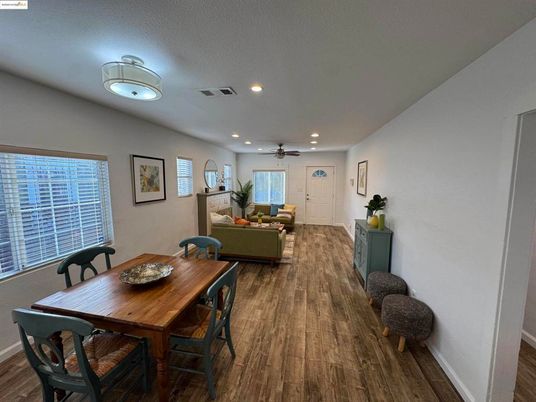 Dining room, Interior, Living room, Recessed Lighting, Wood Texture Flooring