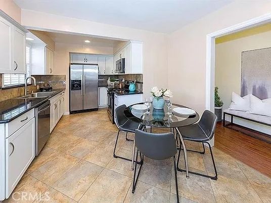 Dining room, Interior, Kitchen, Recessed Lighting, Stainless Steel Appliances, Wood Texture Flooring