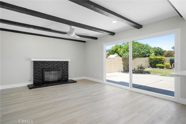 Empty room, Fireplace, Interior, Recessed Lighting, Wooden Beams, Wood Texture Flooring