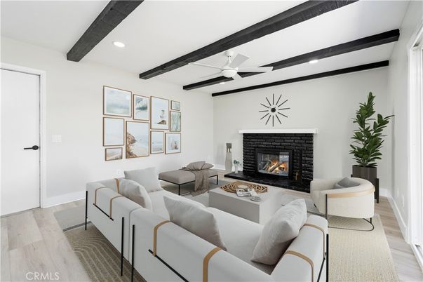 Fireplace, Interior, Living room, Recessed Lighting, Stone Walls, Wooden Beams, Wood Texture Flooring