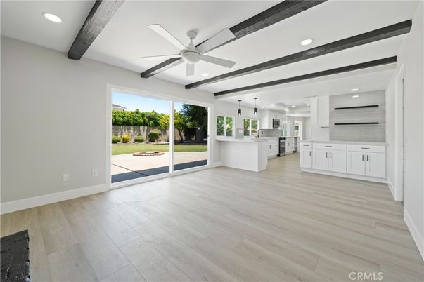 Empty room, Interior, Kitchen, Pendant Lights, Recessed Lighting, Wooden Beams, Wood Texture Flooring