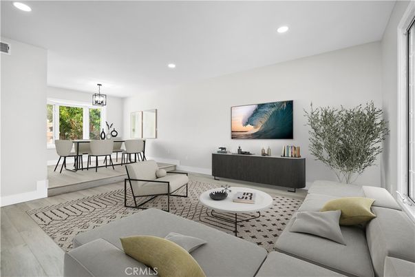 Dining room, Interior, Living room, Recessed Lighting, Wood Texture Flooring