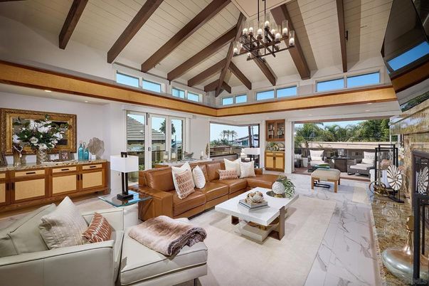 Chandelier, Fireplace, Interior, Living room, Marble, Recessed Lighting, Wooden Beams