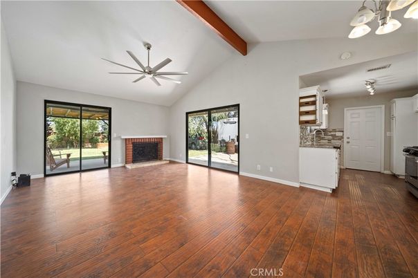 Empty room, Fireplace, Interior, Wooden Beams, Wood Texture Flooring