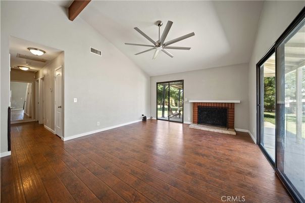 Empty room, Fireplace, Interior, Wooden Beams, Wood Texture Flooring