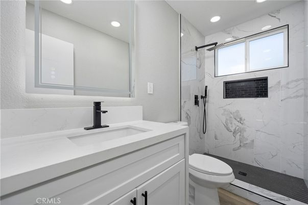Bathroom, Glass Shower, Interior, Marble Walls, Recessed Lighting