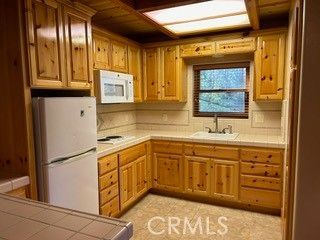 Interior, Kitchen, Tile Countertops, Wooden Ceilings, Wooden Walls