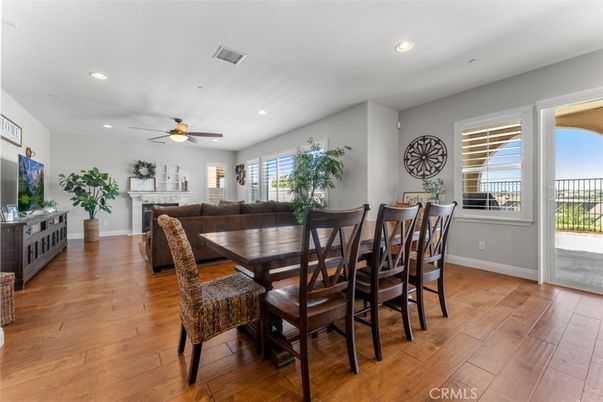 Dining room, Fireplace, Interior, Recessed Lighting, Wood Texture Flooring