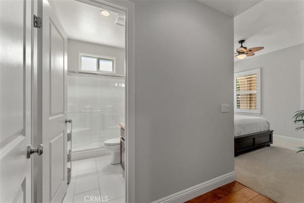 Bathroom, Glass Shower, Interior, Recessed Lighting, Wood Texture Flooring