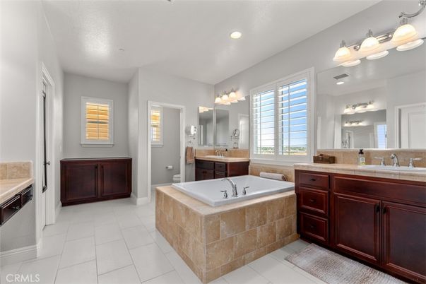 Bathroom, Dual Sink Vanities, Interior, Recessed Lighting, Tile Countertops