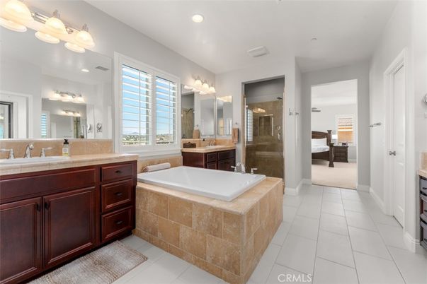 Bathroom, Dual Sink Vanities, Glass Shower, Interior, Recessed Lighting, Tile Countertops