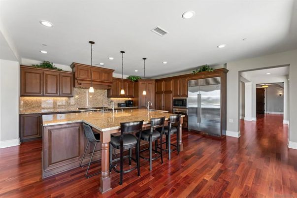 Interior, Kitchen, Pendant Lights, Recessed Lighting, Stainless Steel Appliances, Wood Texture Flooring