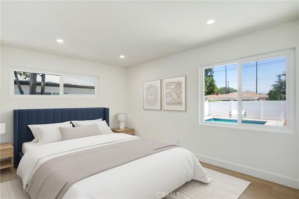 Bedroom, Interior, Recessed Lighting, Wood Texture Flooring