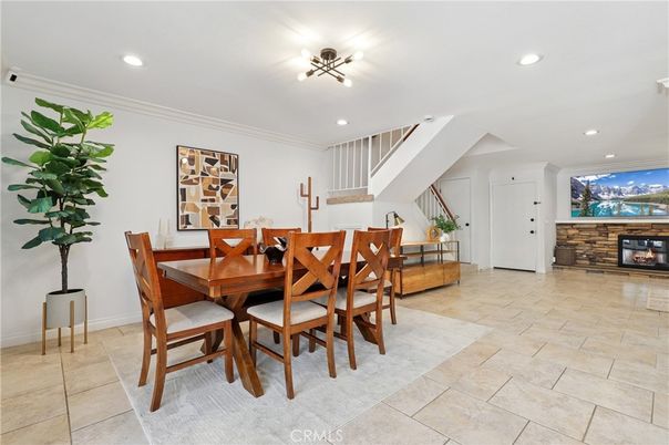 Dining room, Fireplace, Interior, Recessed Lighting