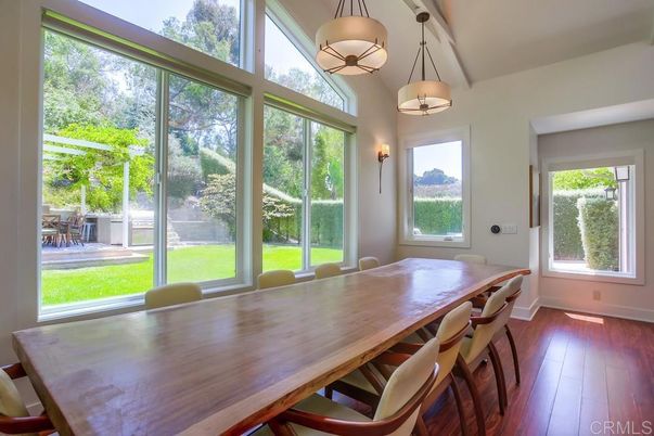Dining room, Interior, Pendant Lights, Wood Texture Flooring