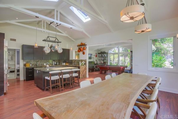 Billiard Table, Dining room, Interior, Kitchen, Pendant Lights, Wood Texture Flooring