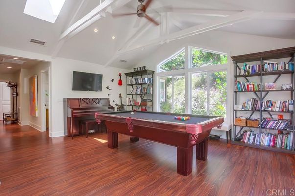 Billiard Table, Game Room, Interior, Piano, Recessed Lighting, Wood Texture Flooring