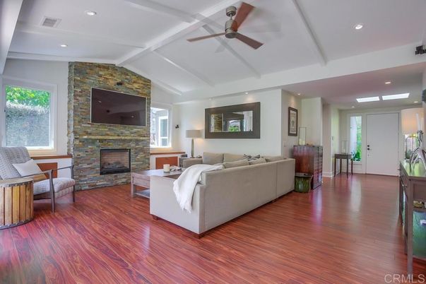 Fireplace, Interior, Living room, Recessed Lighting, Stone Walls, Wood Texture Flooring