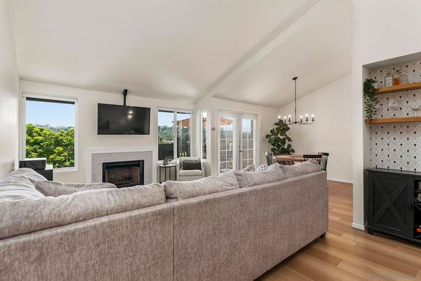 Dining room, Fireplace, Interior, Living room, Pendant Lights, Wood Texture Flooring