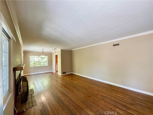 Empty room, Fireplace, Interior, Pendant Lights, Wood Texture Flooring