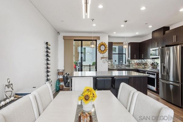 Dining room, Interior, Kitchen, Pendant Lights, Recessed Lighting, Stainless Steel Appliances, Wood Texture Flooring