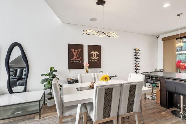 Dining room, Interior, Pendant Lights, Recessed Lighting, Wood Texture Flooring