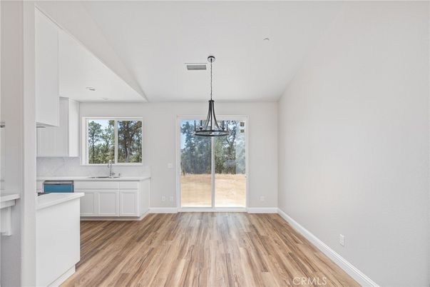 Empty room, Interior, Kitchen, Pendant Lights, Recessed Lighting, Wood Texture Flooring