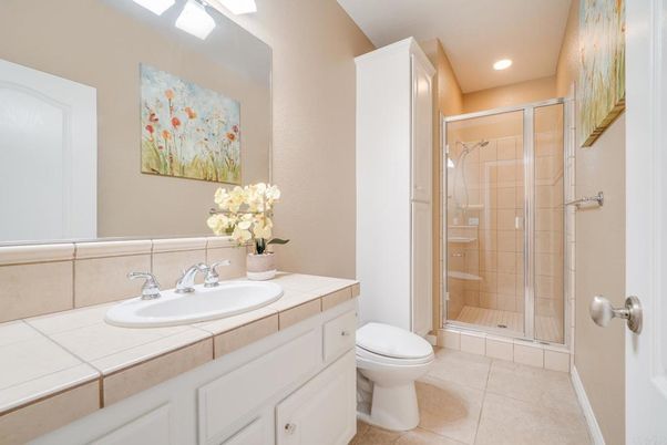 Bathroom, Glass Shower, Interior, Recessed Lighting, Tile Countertops