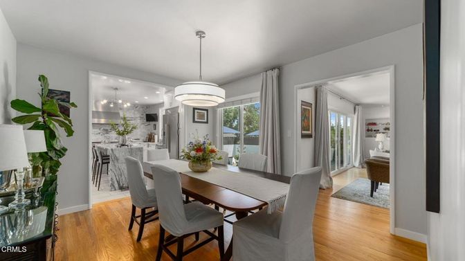 Dining room, Interior, Pendant Lights, Recessed Lighting, Wood Texture Flooring