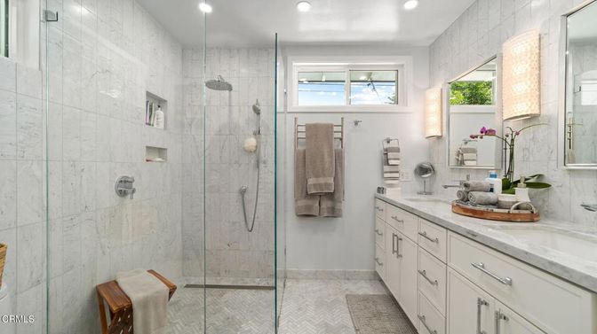 Bathroom, Dual Sink Vanities, Glass Shower, Interior, Marble Walls, Recessed Lighting