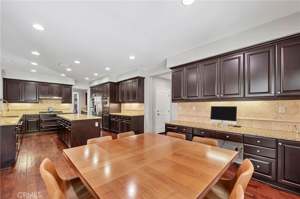 Dining room, Interior, Kitchen, Recessed Lighting, Stainless Steel Appliances, Wood Texture Flooring