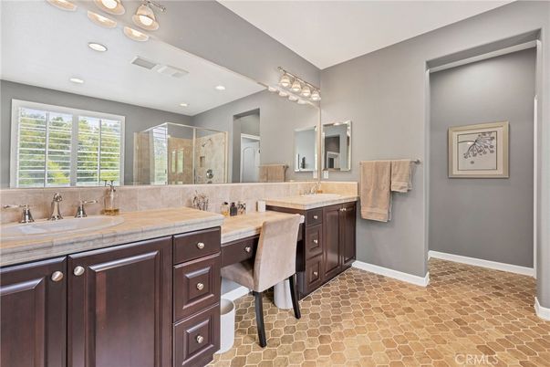 Bathroom, Dual Sink Vanities, Interior, Recessed Lighting, Tile Countertops