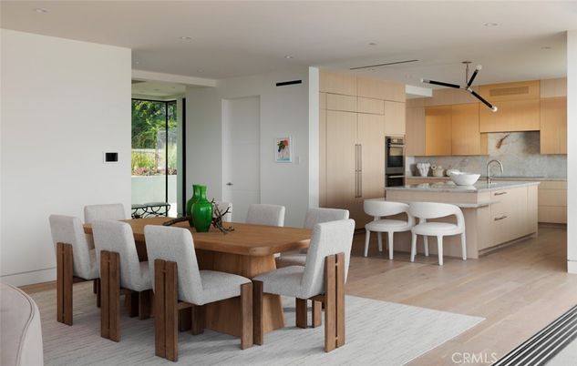 Dining room, Interior, Kitchen, Recessed Lighting, Stainless Steel Appliances, Wood Texture Flooring