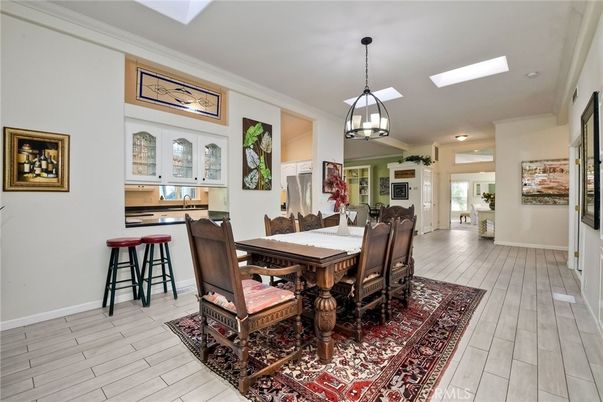 Chandelier, Dining room, Interior, Pendant Lights, Recessed Lighting, Wood Texture Flooring