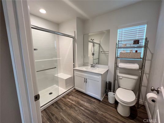 Bathroom, Glass Shower, Interior, Recessed Lighting, Wood Texture Flooring