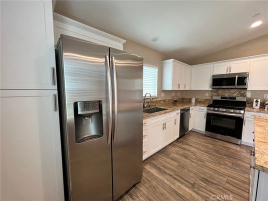 Interior, Kitchen, Recessed Lighting, Stainless Steel Appliances, Wood Texture Flooring