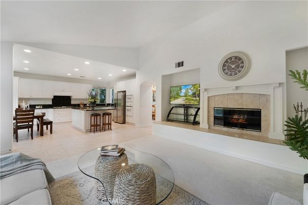 Dining room, Fireplace, Interior, Kitchen, Living room, Recessed Lighting