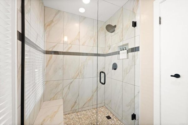 Bathroom, Glass Shower, Interior, Marble Walls, Recessed Lighting