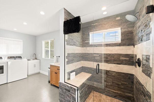 Bathroom, Glass Shower, Interior, Recessed Lighting, Washer