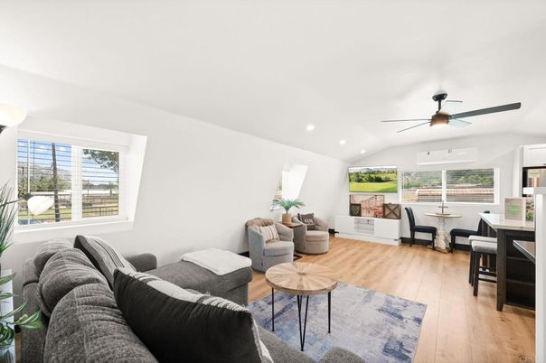 Dining room, Interior, Living room, Recessed Lighting, Wood Texture Flooring