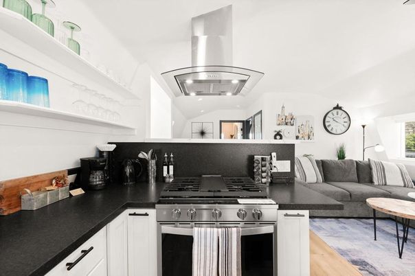 Interior, Kitchen, Living room, Stainless Steel Appliances, Wood Texture Flooring