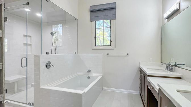Bathroom, Dual Sink Vanities, Glass Shower, Interior, Recessed Lighting, Wood Texture Flooring