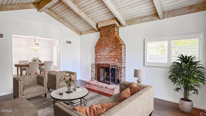 Dining room, Fireplace, Interior, Living room, Pendant Lights, Stone Walls, Wooden Beams, Wooden Ceilings, Wood Texture Flooring