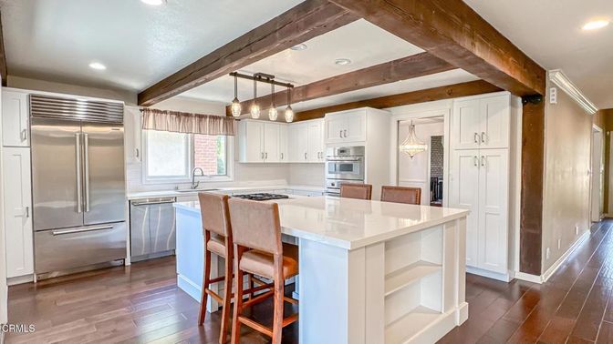 Interior, Kitchen, Pendant Lights, Recessed Lighting, Stainless Steel Appliances, Wooden Beams, Wood Texture Flooring