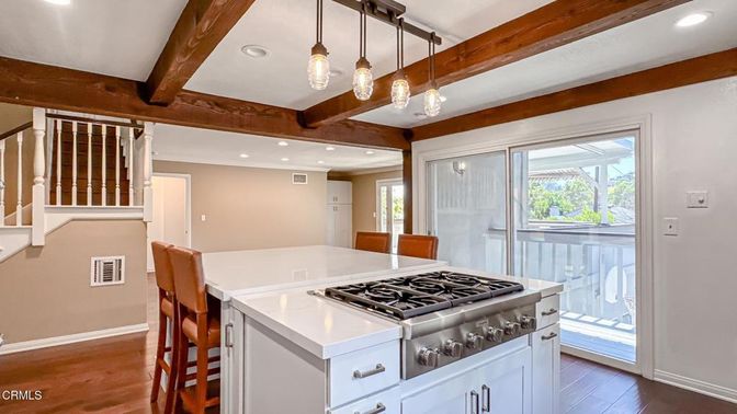 Interior, Kitchen, Pendant Lights, Recessed Lighting, Stainless Steel Appliances, Wooden Beams, Wood Texture Flooring
