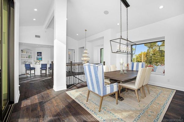 Dining room, Interior, Pendant Lights, Recessed Lighting, Wood Texture Flooring