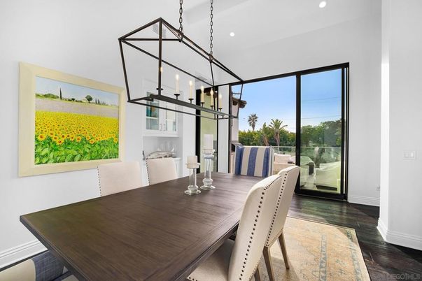 Dining room, Interior, Pendant Lights, Recessed Lighting, Wood Texture Flooring