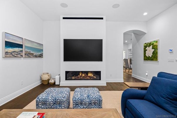Fireplace, Interior, Living room, Recessed Lighting, Wood Texture Flooring