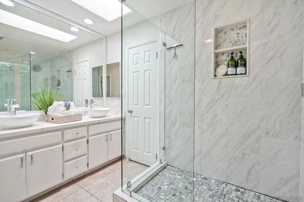 Bathroom, Dual Sink Vanities, Glass Shower, Interior, Marble Walls, Recessed Lighting