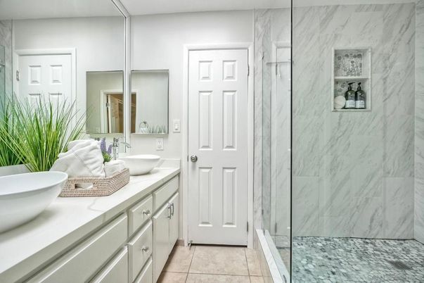 Bathroom, Dual Sink Vanities, Glass Shower, Interior, Marble Walls